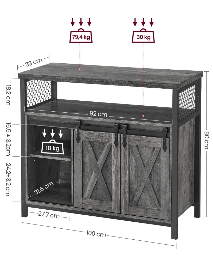 Credenza per sala da pranzo credenza da cucina mobile contenitore mobiletto ante scorrevoli stile fienile ripiano regolabile stile industriale 33 x 100 x 80 cm per soggiorno marrone rustico e nero 12_0004532