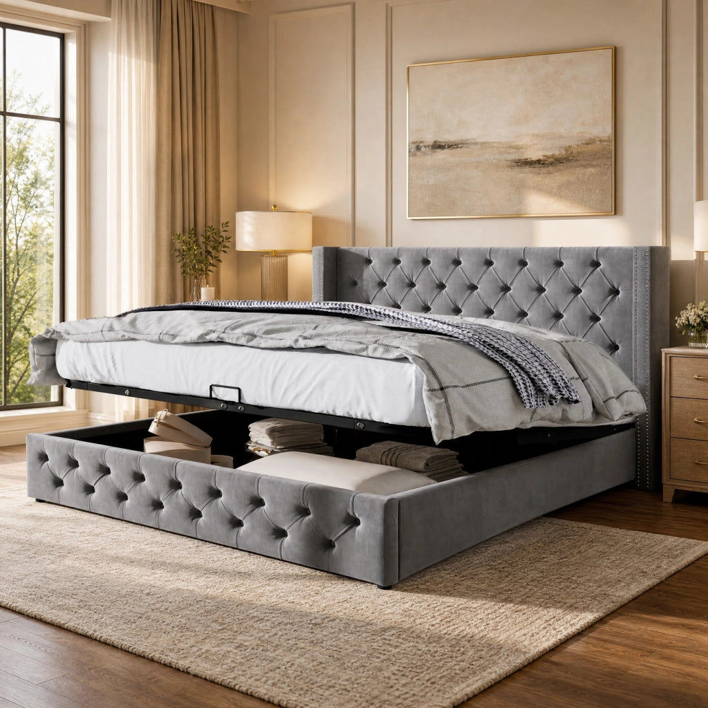 Letto matrimoniale contenitore 160x200 in velluto grigio stile Chesterfield con rete a doghe e testiera alta