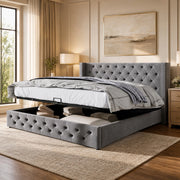 Letto matrimoniale contenitore 160x200 in velluto grigio stile Chesterfield con rete a doghe e testiera alta