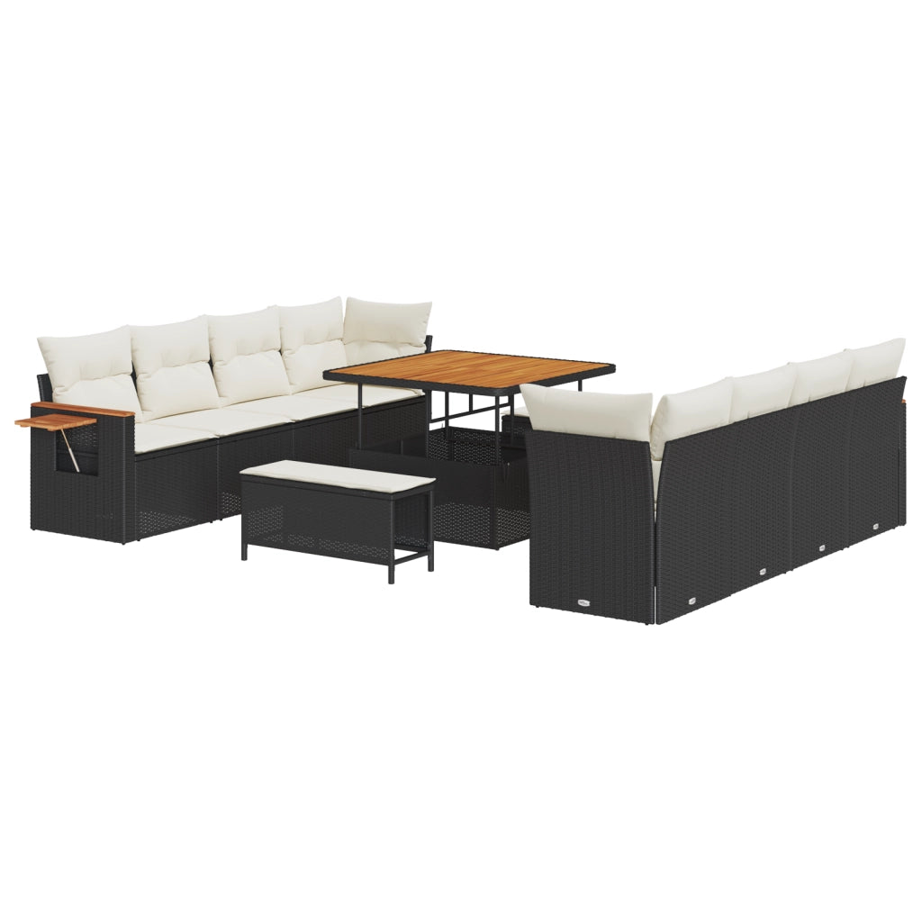 Set di divani da giardino  11 pezzi con cuscini neri in polyrattan acacia