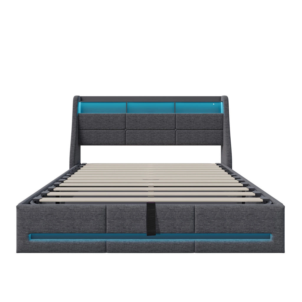 Letto matrimoniale con contenitore idraulico 140×200 cm, tessuto grigio, effetto sospeso LED RGB, testiera con vani, ricarica USB e USB‑C