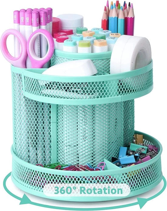 Organizzatore per ufficio scolastico, rotante, contenitore per penne, estrattore per penne, rotante a spirale di metallo, adatto per scuola e ufficio, verde