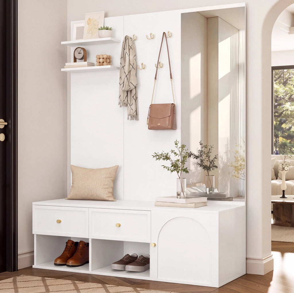 Set guardaroba 120.0x35.0x159.0 cm con specchio e 5 ganci in truciolato bianco