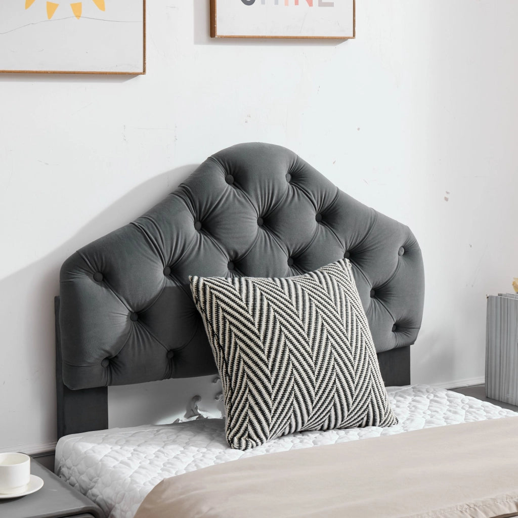Letto Singolo Imbottito con Testiera Regolabile ¨C MINIMAL ¨C Velluto Grigio, Rete a Doghe, 90x200