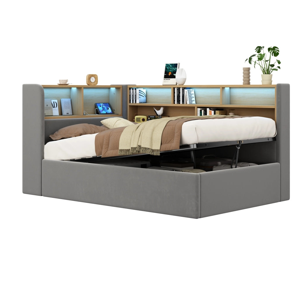 Letto imbottito 90x200 cm con contenitore idraulico; LED; USB e Type-C; velluto grigio