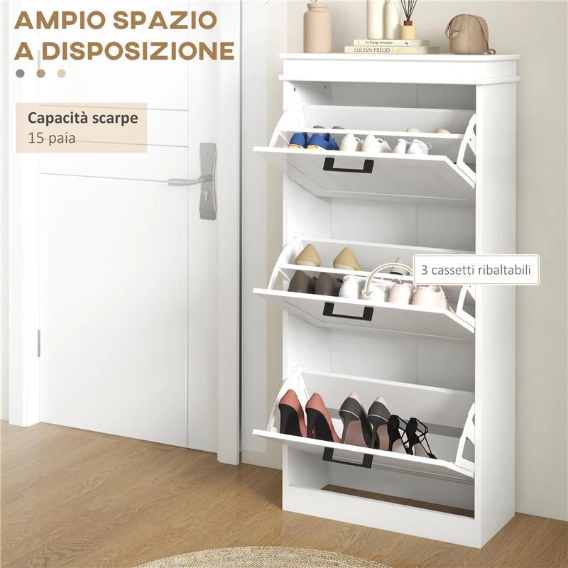 SCARPIERA MODERNA CON 3 CASSETTI RIBALTABILI PER 15 PAIA DI SCARPE E RIPIANO REGOLABILE, 54X24X117.5CM, BIANCO