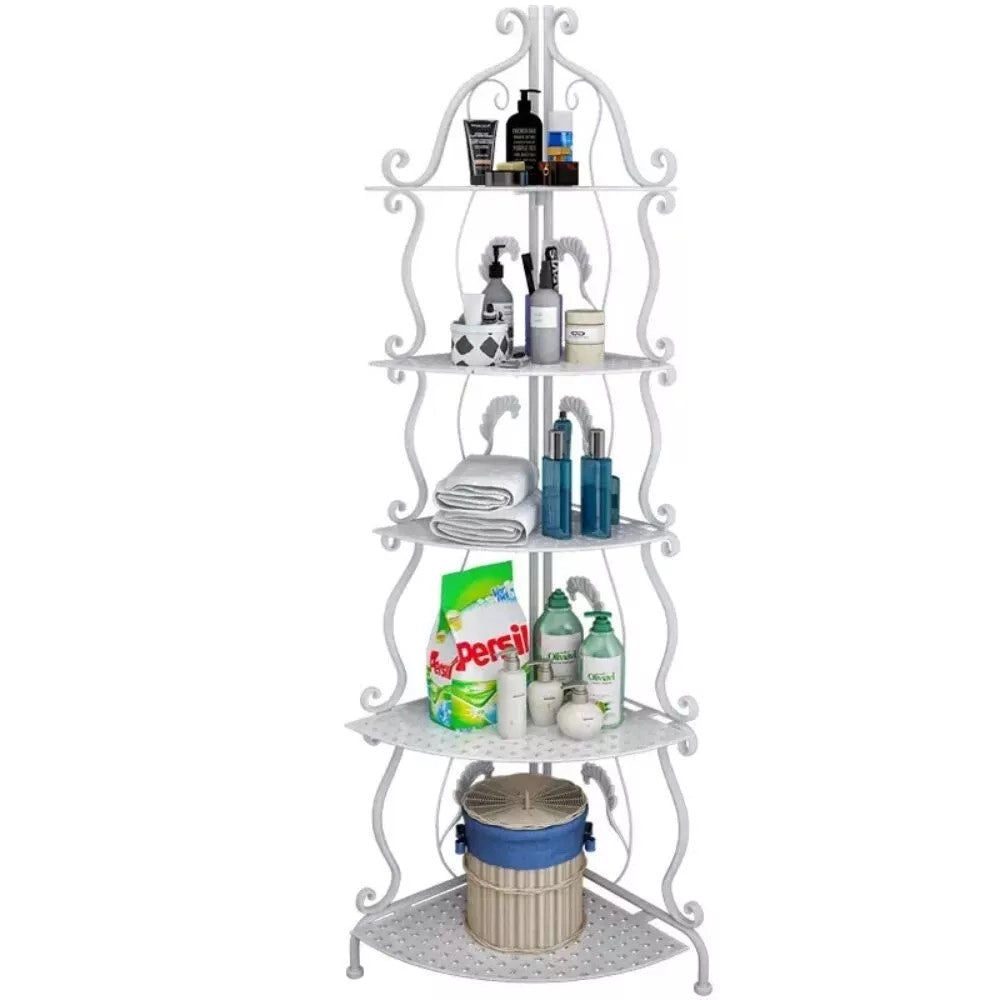 Trade Shop - Mobile 5 Mensole Ad Angolo Bagno Ripostiglio Angoliera Ripiani Portaoggetti Ferro Decorato -