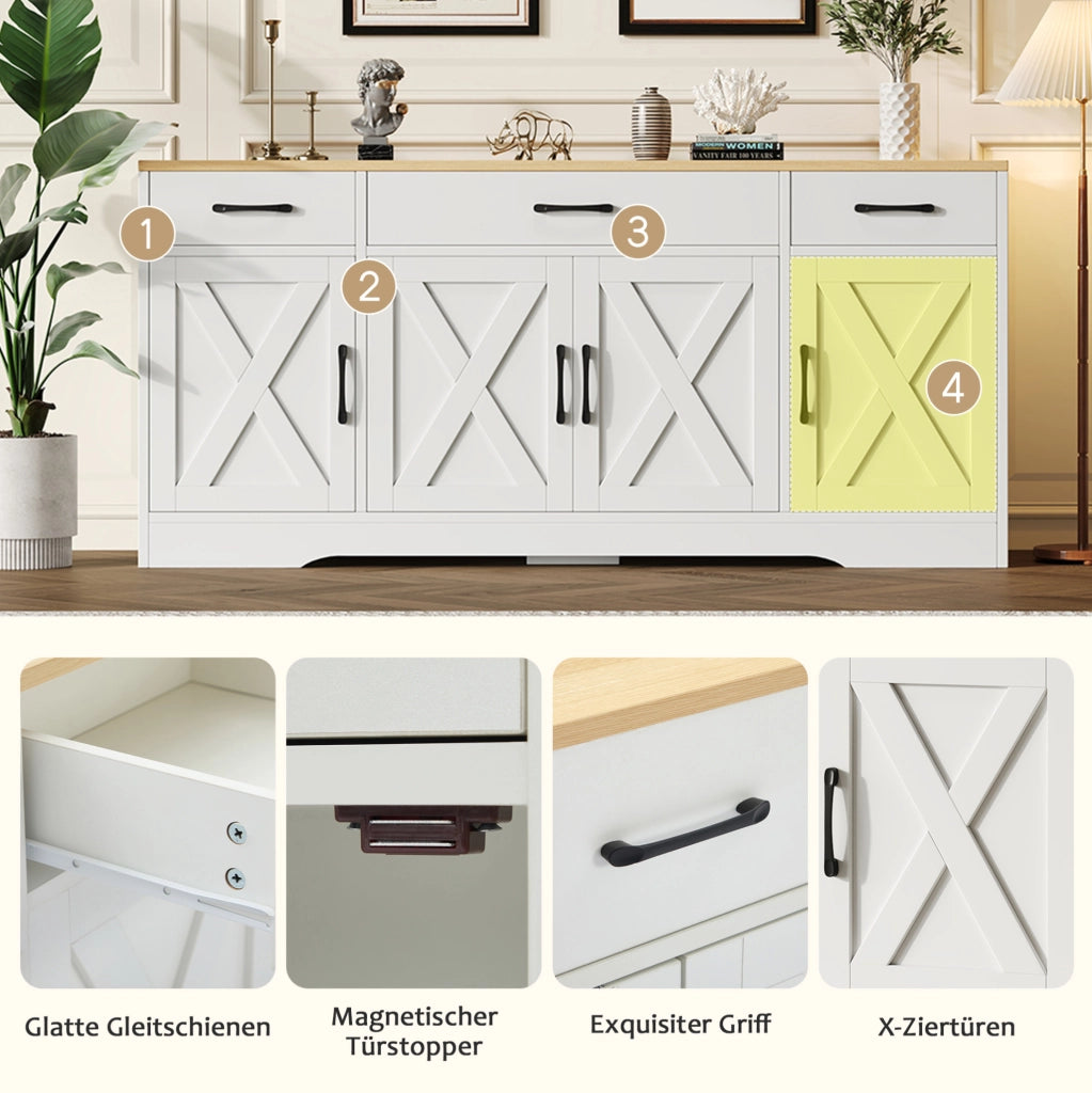 Credenza bianca in MDF con 3 cassetti e 4 ante