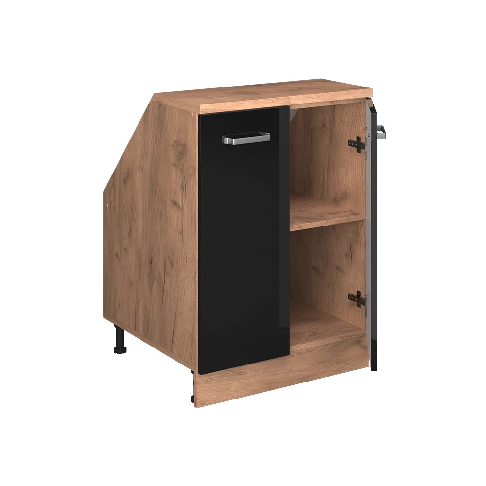 Mobile cucina sottotetto R-Line Nero lucido/Rovere dorato 60 cm con 2 porte, carcassa 60 cm profondità Vicco