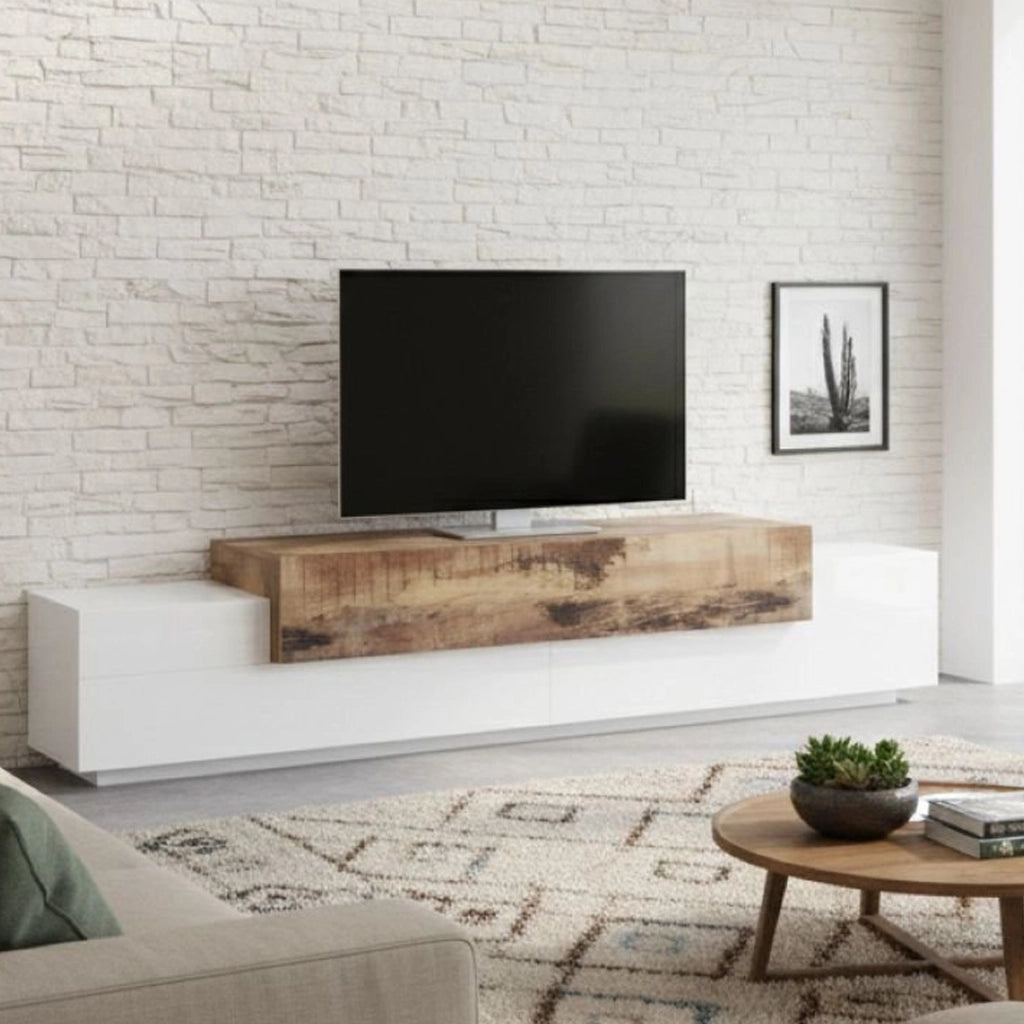 Mobile da soggiorno Porta Tiche, Made in Italy, Supporto per Tiche da salotto a 3 ante e ripiani, cm 240x45h52, Bianco lucido e Acero
