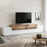 Mobile da soggiorno Porta Tiche, Made in Italy, Supporto per Tiche da salotto a 3 ante e ripiani, cm 240x45h52, Bianco lucido e Acero