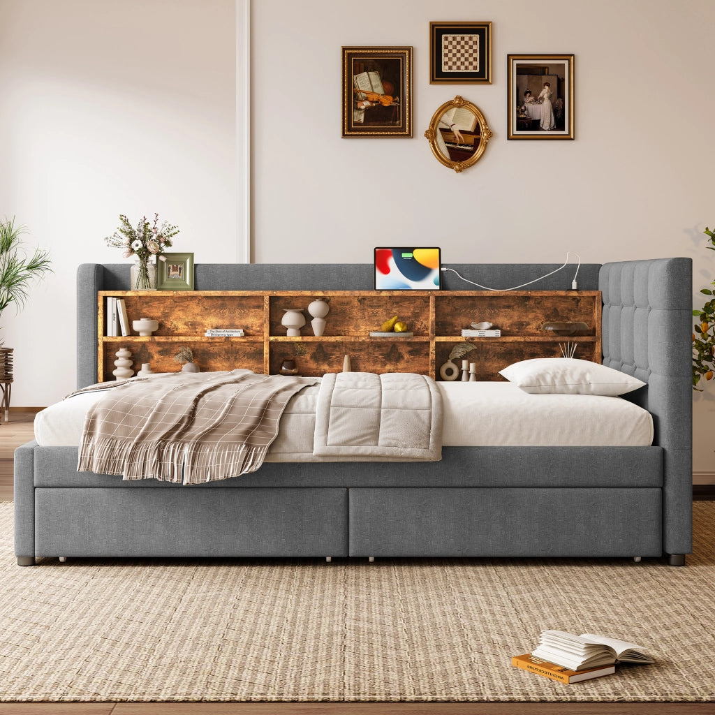 Daybett con funzione divano letto in lino grigio 90x200 cm