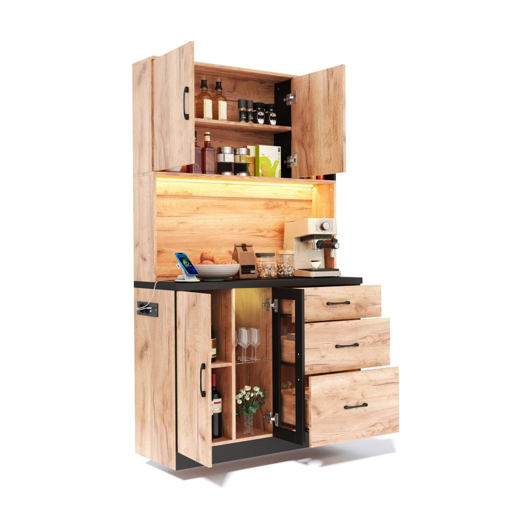 Pensile da Cucina con LED e Ripiani Regolabili ¨C Xylo ¨C Nero e Legno 105x40x180 cm