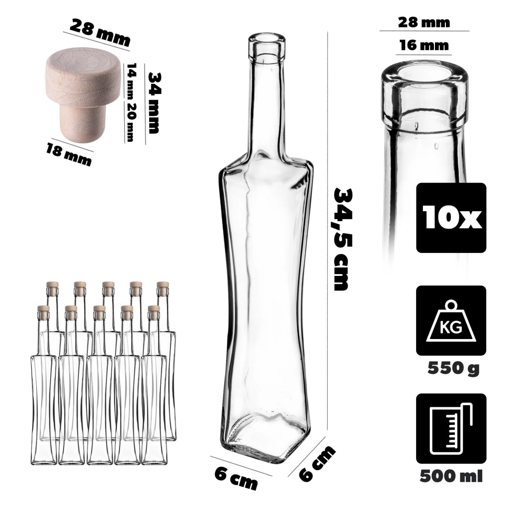 KADAX Quadra Glass Bottle 500 ml 0.5L Moonshine Liqueur Bottles 10pcs + Tap T