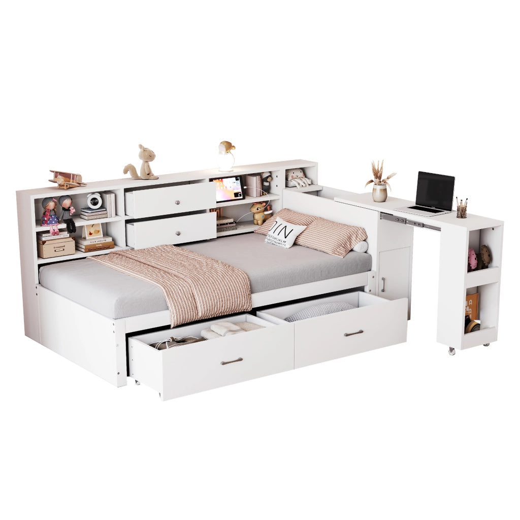 OKWISH Letto a Divano 90×200 cm, Letto Singolo con 2 Cassetti, USB, Presa e Scrivania Estraibile, senza Materasso, in Legno, Bianco