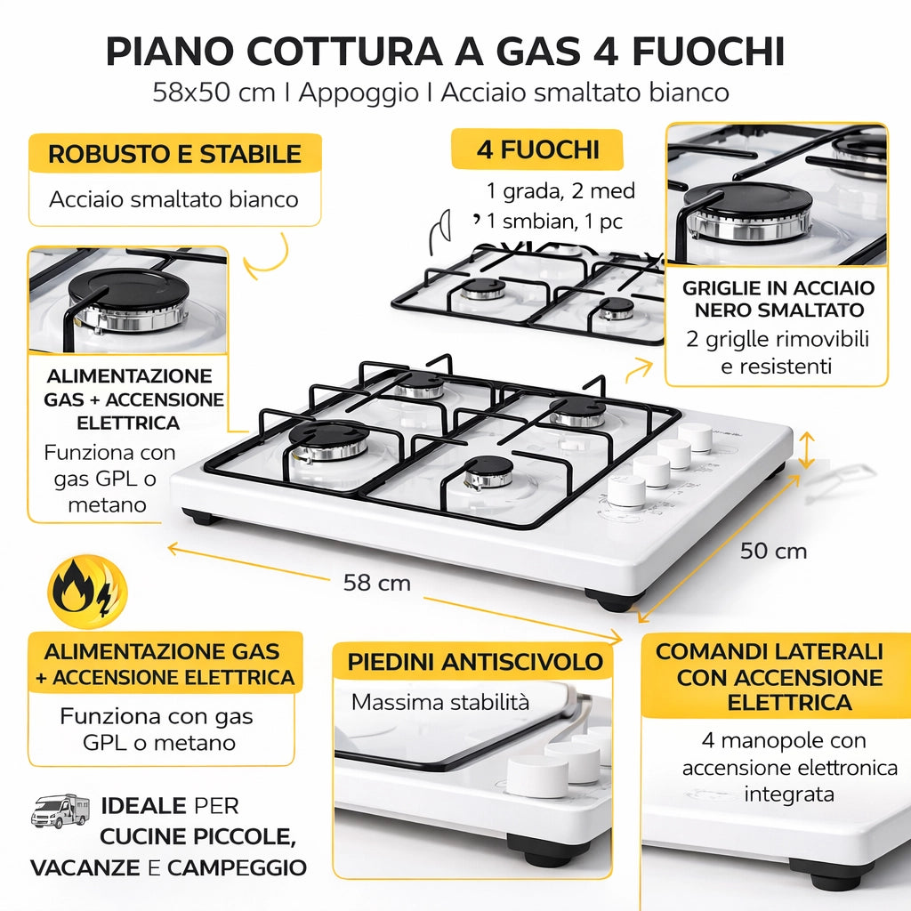 Piano Cottura a Gas da Appoggio 4 Fuochi 58x50 cm Accensione Elettrica Bianco