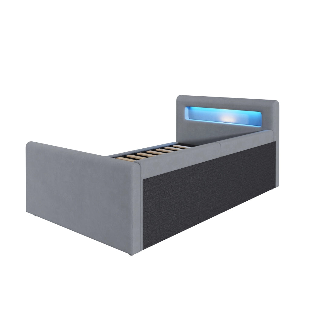 Letto singolo bambino 90×200 cm con LED; luce notturna; USB e contenitore; senza materasso; velluto; grigio chiaro