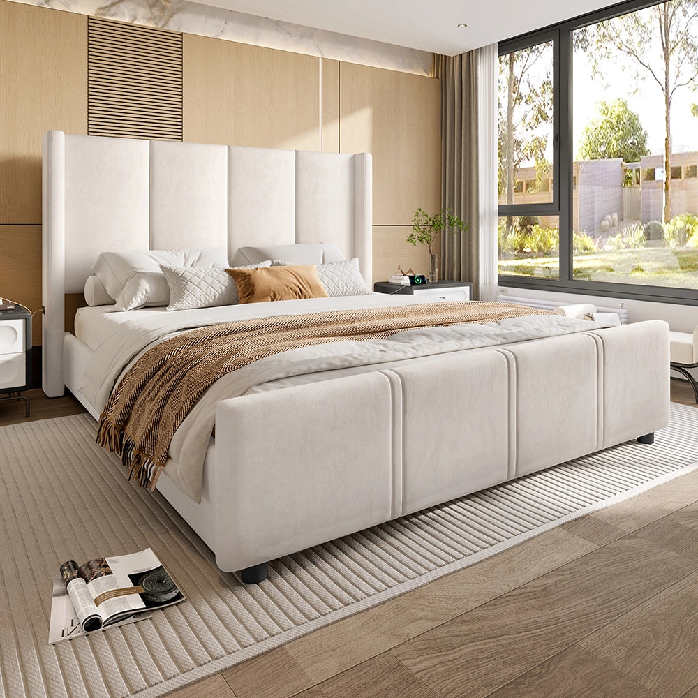 Letto-Xylo-160x200 cm-testiera alta, USB, ferro+legno, beige