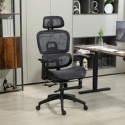 Sedia da ufficio ergonomica girevole con braccioli regolabili, poggiatesta, supporto lombare e poggiapiedi in rete nera