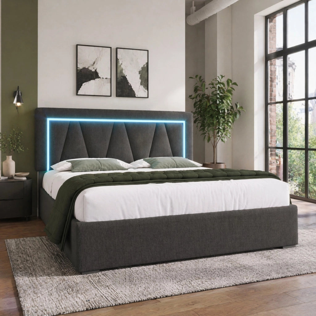 LETTO matrimoniale 140x200 cm in lino grigio con materasso, LED e USB