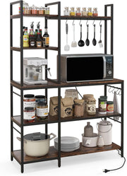 GIANTEX Scaffale da cucina a 5 livelli, supporto a microonde con 2 prese, 10 ganci a S, telaio in metallo, gambe regolabili, dispositivo antiribaltamento, bar da caffè, scaffale per cucina