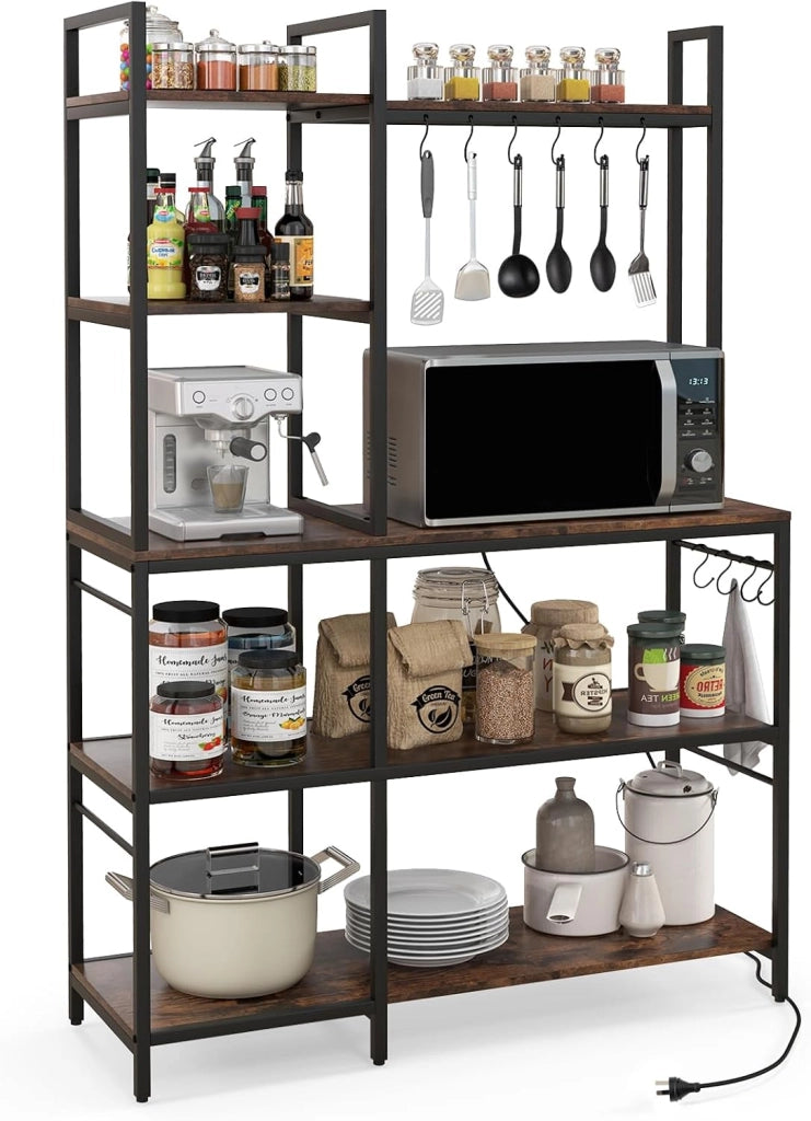 GIANTEX Scaffale da cucina a 5 livelli, supporto a microonde con 2 prese, 10 ganci a S, telaio in metallo, gambe regolabili, dispositivo antiribaltamento, bar da caffè, scaffale per cucina