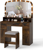 Tavolo da toeletta con luci a LED regolabili, set da toeletta con specchio, tavolo da trucco, sgabello imbottito, 3 scomparti aperti, 3 cassetti, 2 armadi, stazione di ricarica (marrone)