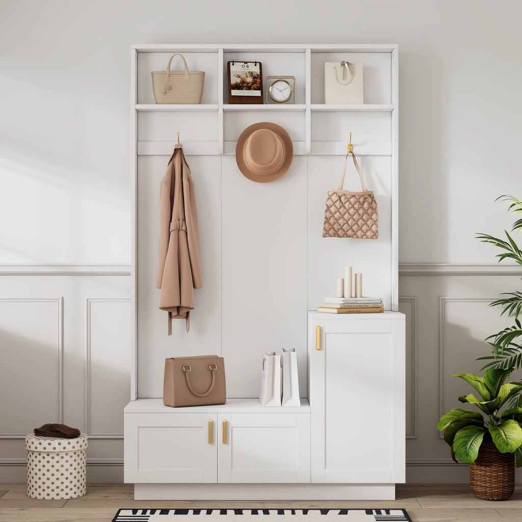 OKWISH Mobile da Ingresso con Panca Scarpiera, 3 Ganci, Vani Aperti e Ripiano Regolabile, Bianco, 120 x 40 x 200 cm