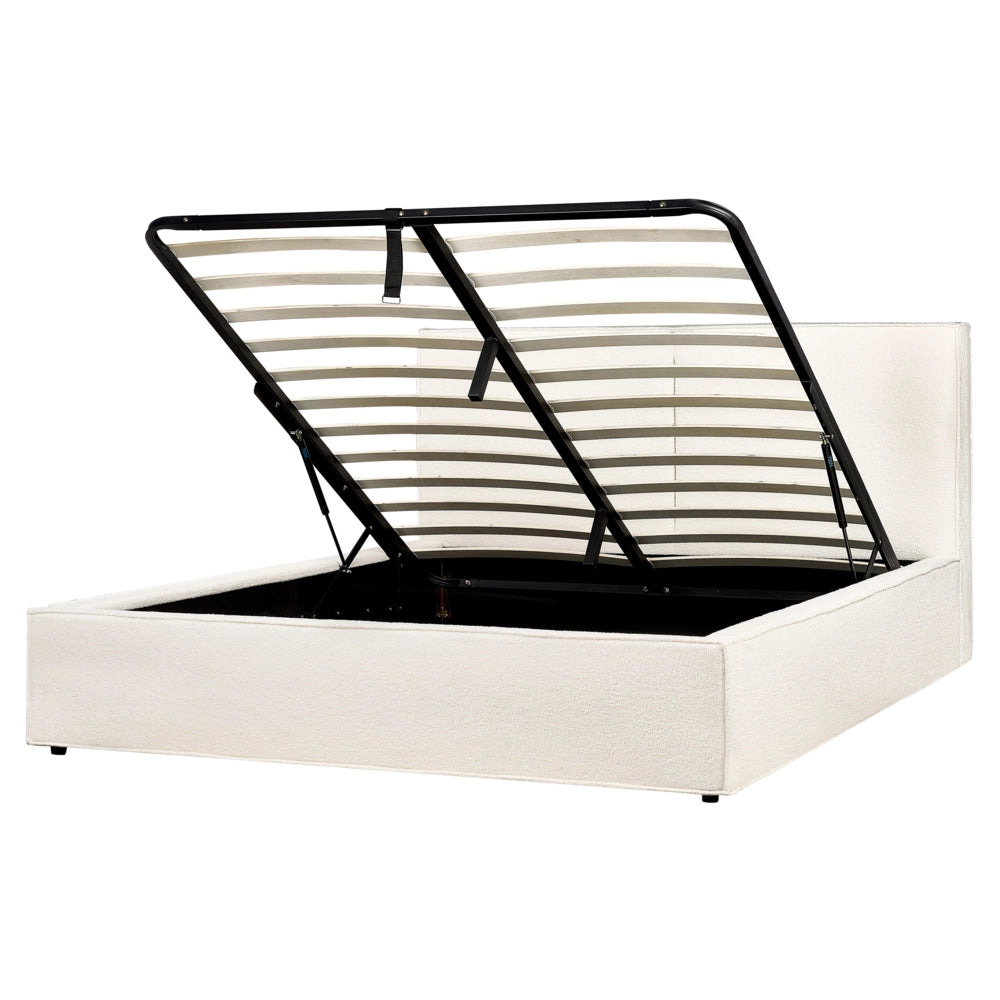Letto king size 160 x 200 cm Bianco Sporco Rivestimento in bouclé Ottomana di contenitore Telaio a doghe Camera da letto moderna contemporanea