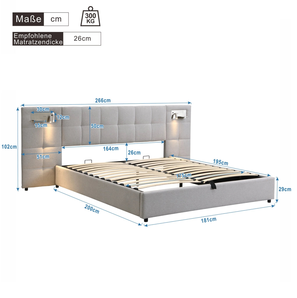 Letto imbottito ULEVR 180x200 cm con contenitore idraulico, USB, ricarica wireless e luce, grigio