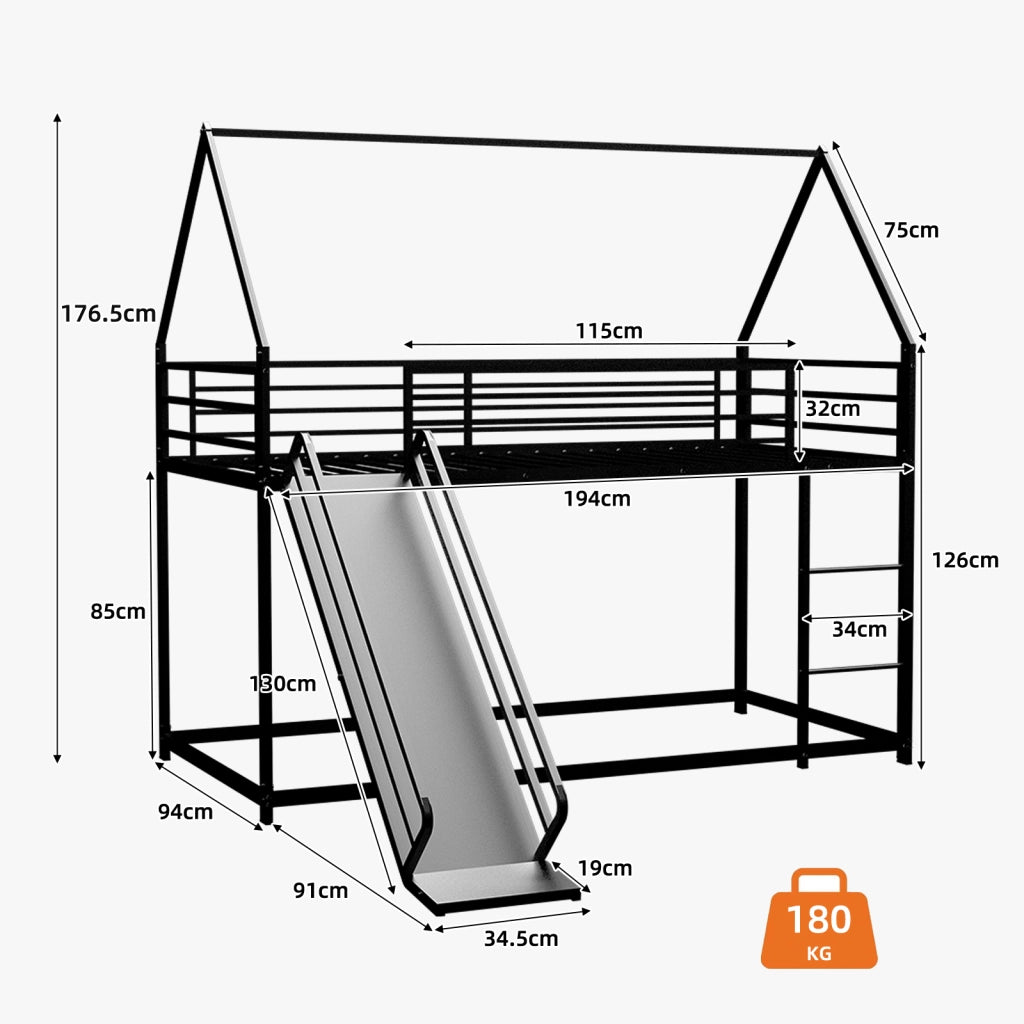 Letto a castello per bambini 90 × 190 cm con scivolo e scale, senza materasso, in ferro, nero
