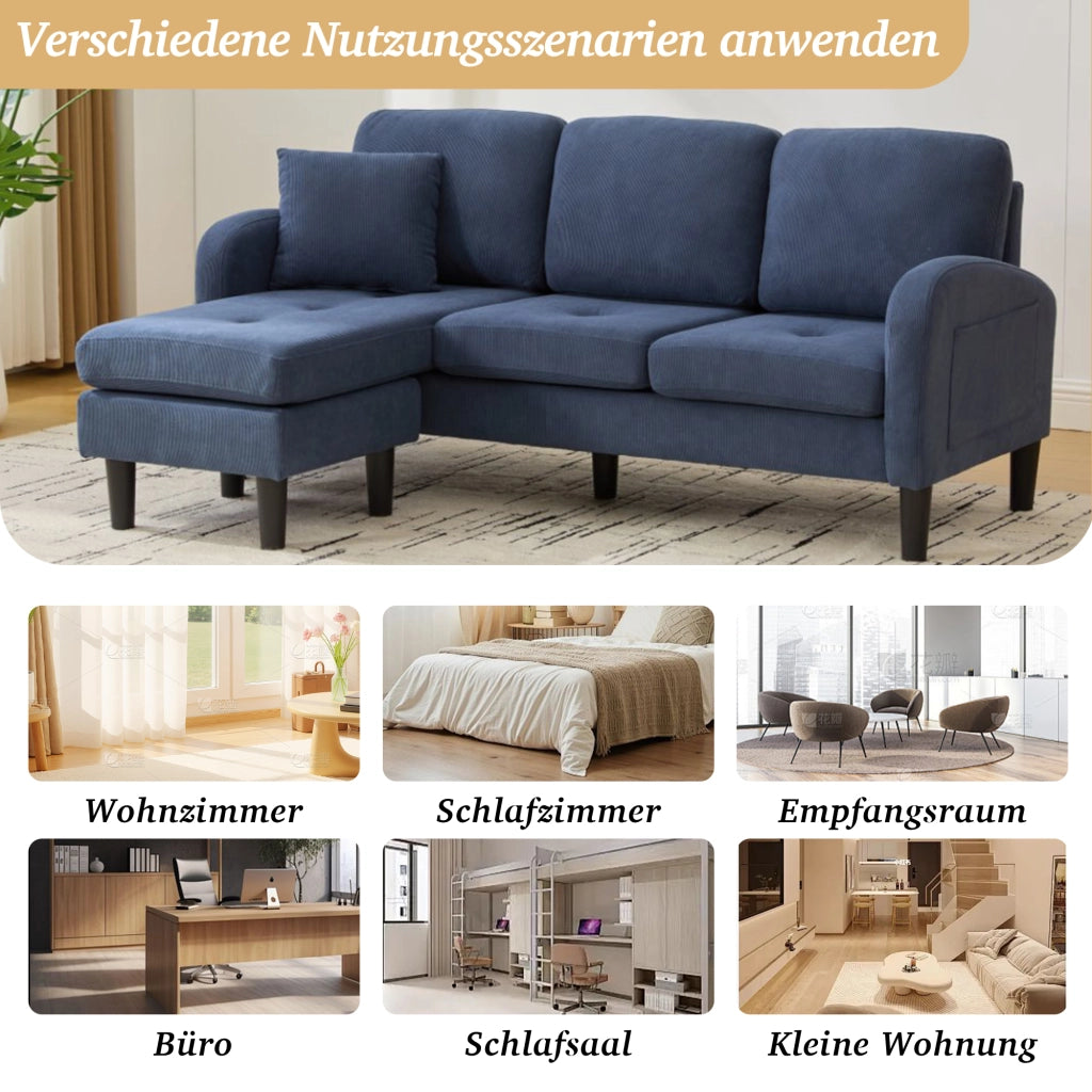 DIVANO angolare modulare 166x118x77 cm in cord Blu con chaise longue