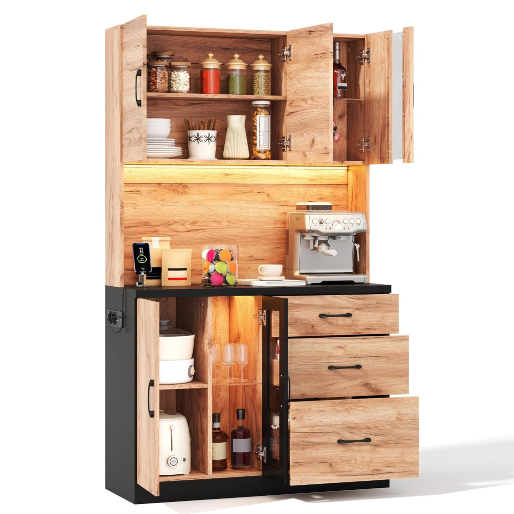 Pensile Alto da Cucina con LED e Ripiani ¨C MINIMAL ¨C Nero e Legno 105x40x180 cm