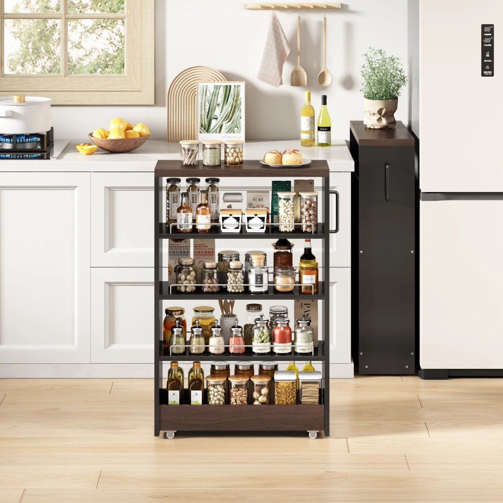 Carrello salvaspazio ultra stretto con 4 ripiani regolabili, nero e effetto legno, 55x16x85 cm