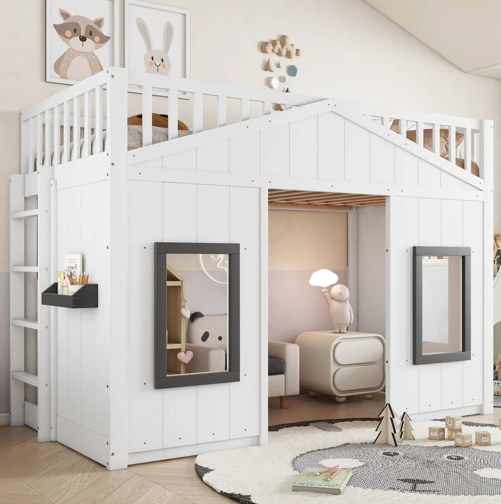 Letto a castello 90x200 cm con scale; sponde e finestre in legno e MDF bianco e grigio