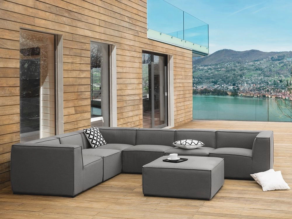 Set divano ad angolo per interni ed esterni con rivestimento in tessuto grigio a 7 posti con divano da giardino ottomana destro