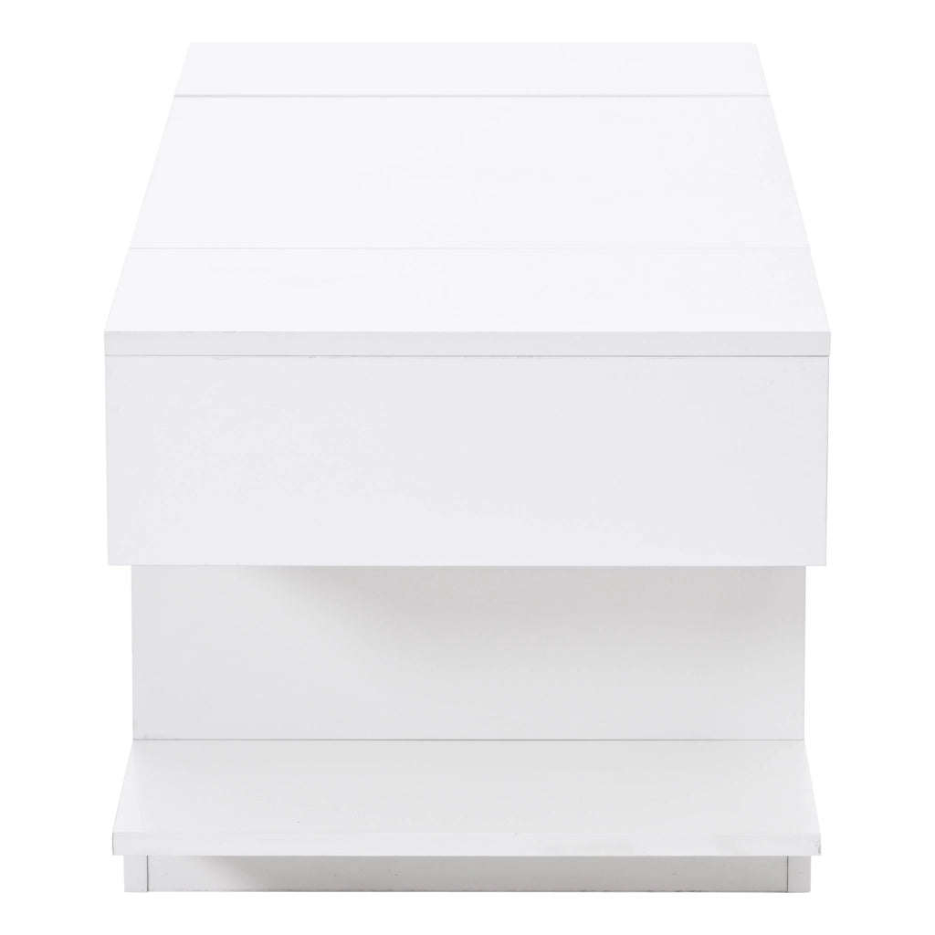 Tavolino da salotto 98x45x40 cm; elevabile con LED e vani contenitori; truciolato bianco
