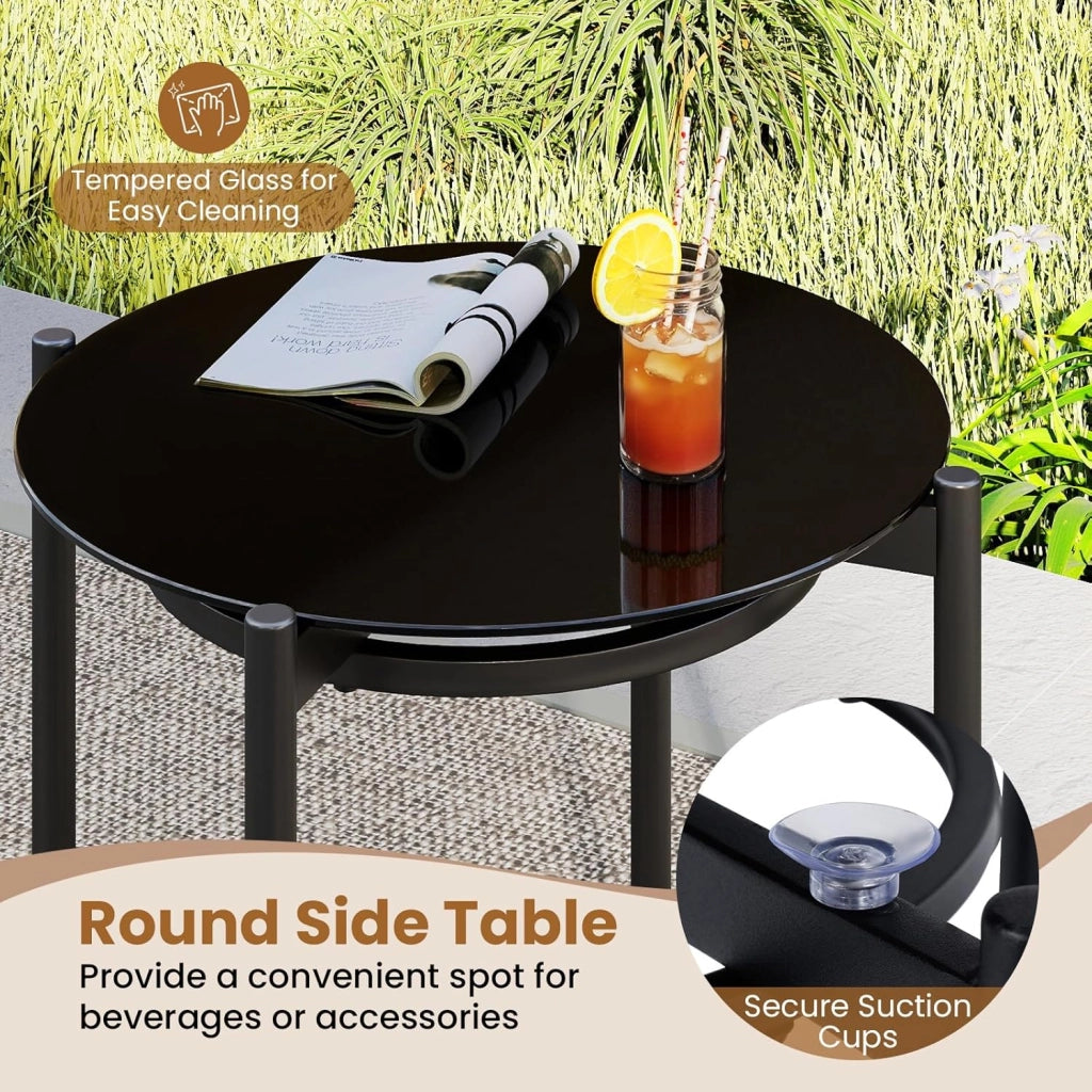 Set Salotto da Giardino 3 Pezzi, Sedie in Rattan PE e Tavolo con Piano in Vetro Temperato, Struttura in Metallo Resistente, Mobili da Esterno per Patio, Balcone e Terrazza