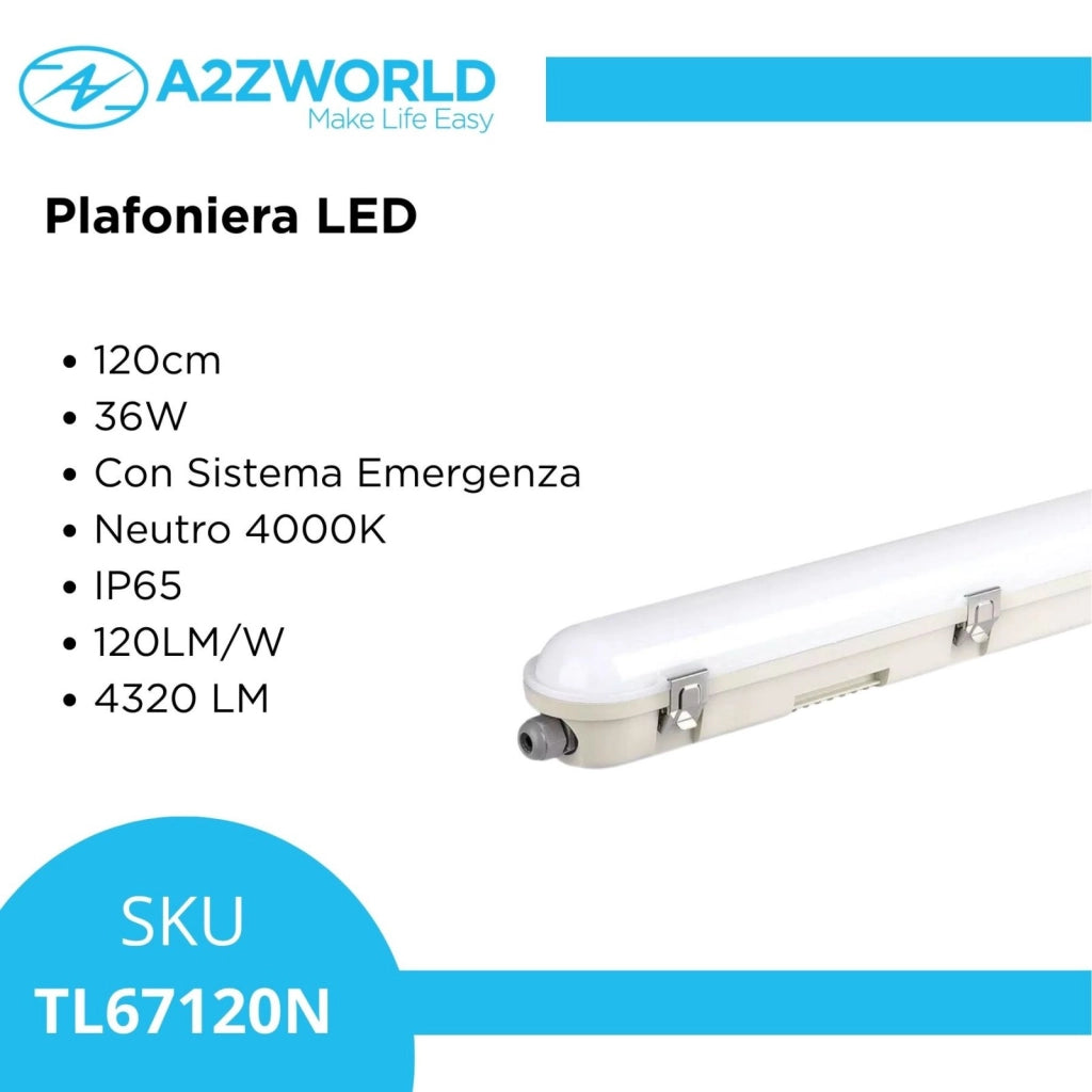 Plafoniera Led 120cm 36W Con Sistema Emergenza Neutro 4000K IP65 120LM/W 4320 lm SKU-2120223