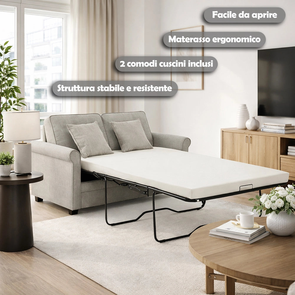 Divano Letto a 2 Posti Grigio con Cuscino Memory Ergonomico con Apertura Facile