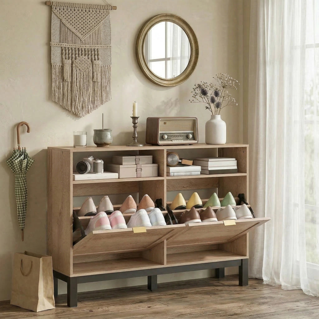 Scarpiera Salvaspazio Slim 120x29x80 cm con 2 Ante a Ribalta e Ripiani Regolabili Rimovibili per 8 Paia in MDF Noce