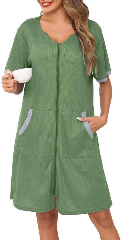 Badia di cotone wafel per donna con cerniera, pigiama, leggera, respirante, giacca da bagno wafel per donna, lunghezza ginocchio con tasche, verde, XXL
