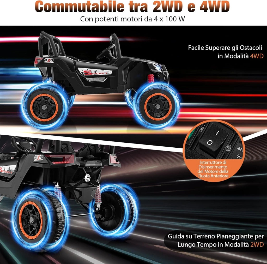 24V UTV Macchina Elettrica per Bambini, Veicolo Elettrico con 2 Posti Motore 4x100W, con Telecomando Partenza Morbida Musica, Velocità Regolabile, 3 Anni+