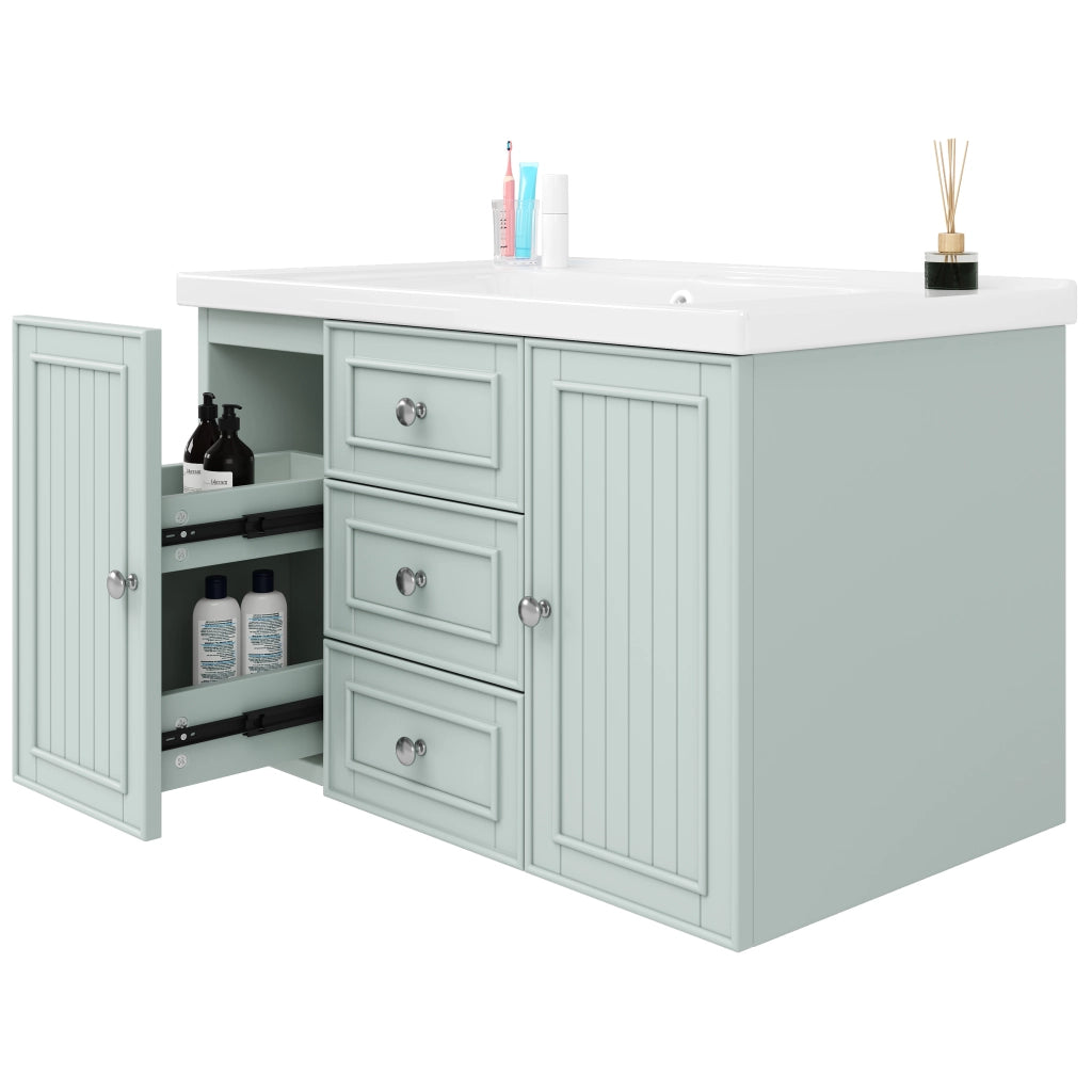 Mobile sottolavabo con 2 cassetti e vano laterale; lavabo in ceramica per bagno; verde
