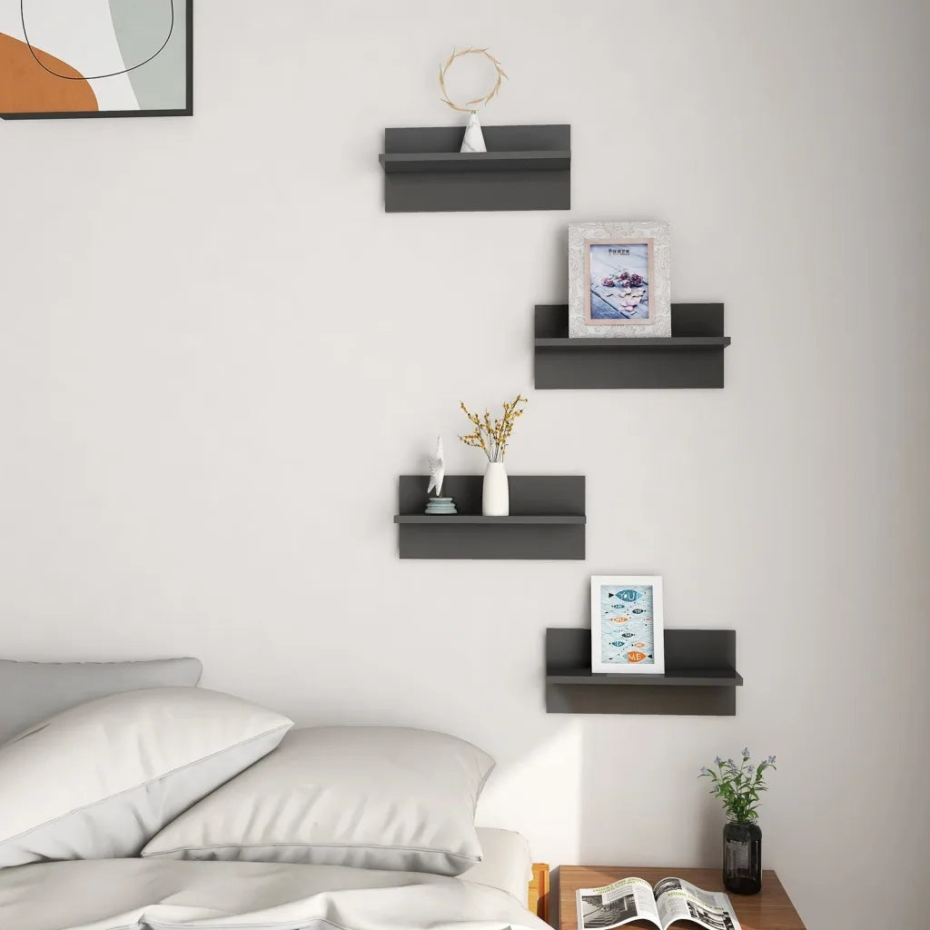 4 pz Mensole a Muro | Scaffale Parete | Ripiano a parete Grigio Lucido 40x11,5x18 cm