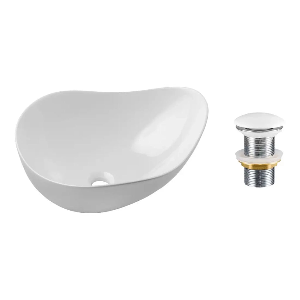Lavabo da appoggio asimmetrico 51x39 cm bianco lucido in ceramica con piletta clic-clac