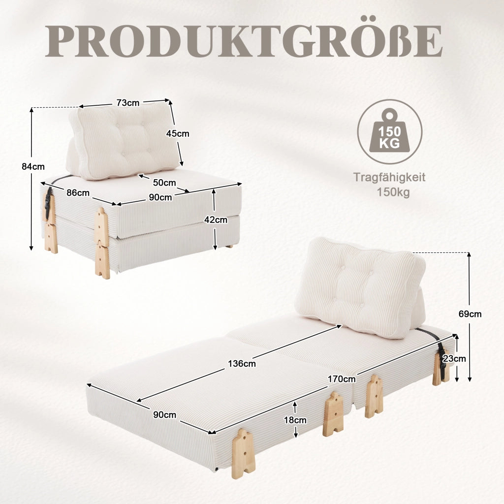Poltrona letto pieghevole - con funzione letto e schienale ergonomico - in corduroy - beige
