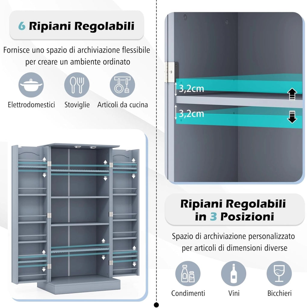 Credenza da Cucina, Mobile da Cucina Moderno con 6 Ripiani Regolabili, per Cucina, Sala da Pranzo e Soggiorno, 60 x 40 x 120 cm (Grigio)