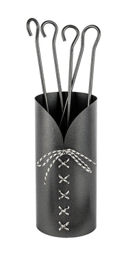 Trespolo per Attrezzi Camino Cilindrico Laccio con Paletta Scopino Attizzino e Pinza Ø15,2x62 cm in Ferro Verniciato