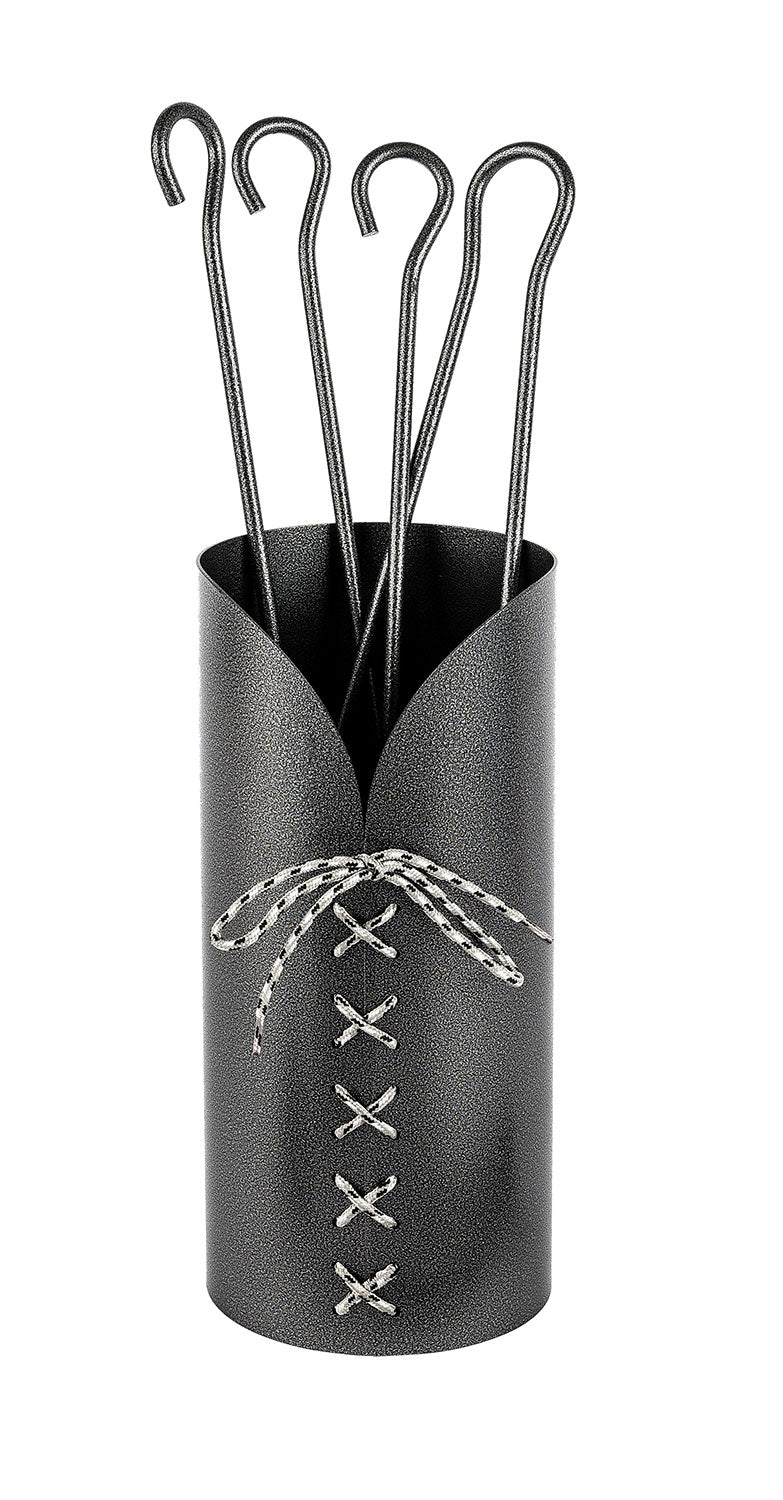 Trespolo per Attrezzi Camino Cilindrico Laccio con Paletta Scopino Attizzino e Pinza Ø15,2x62 cm in Ferro Verniciato